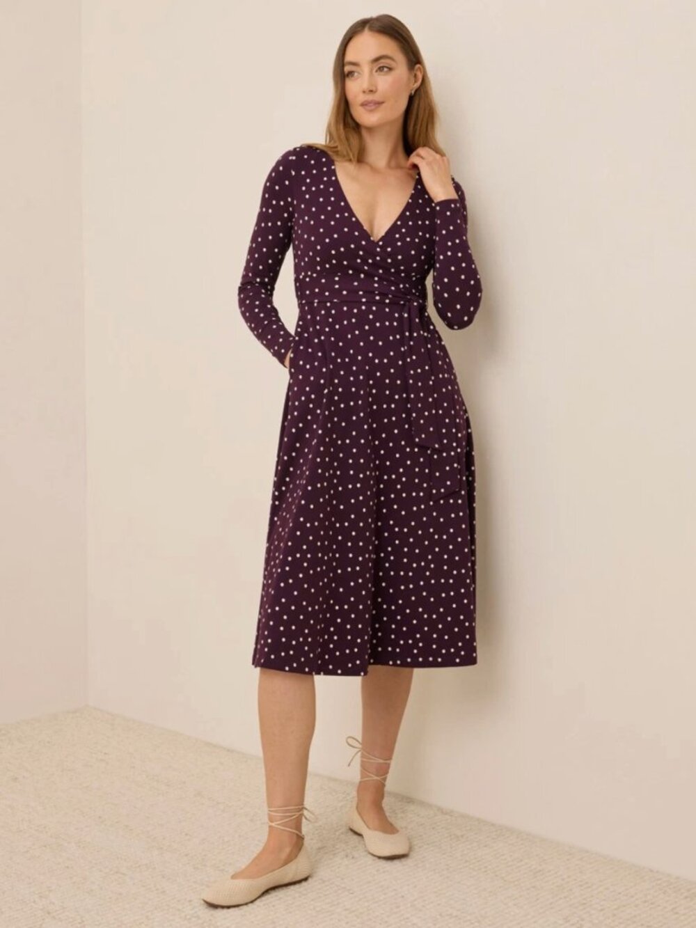 Pact Organic Women's Medium Fit & Flare Wrap Dress Berry Polka Dot